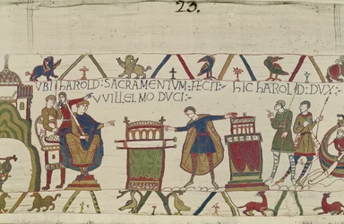 Harold vannoo pyhän valan Williamille Bayeux
